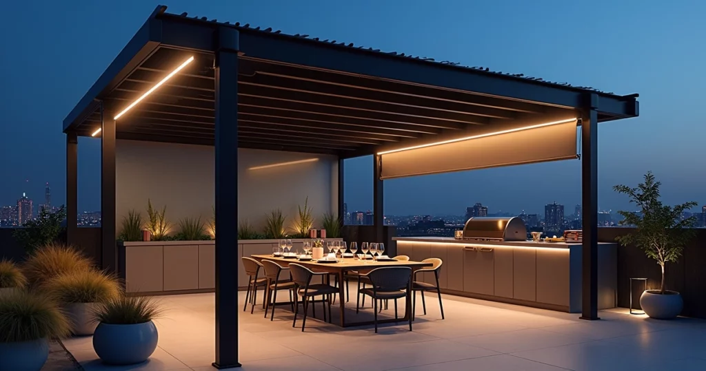 Pergolado moderno com iluminação LED embutida sobre varanda gourmet noturna