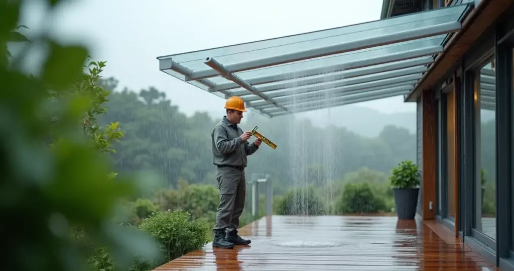 Profissional avaliando caimento de cobertura com escoamento de água da chuva