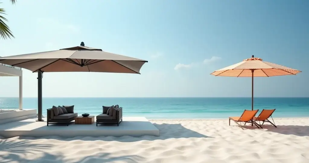 Comparação entre ombrellone e guarda-sol em área de praia moderna