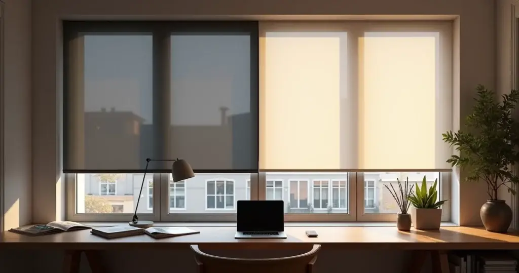 Ambiente dividido exibindo tecido blackout de um lado e tela solar translúcida do outro