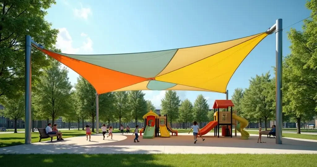 Playground infantil coberto por toldo colorido em área externa ensolarada