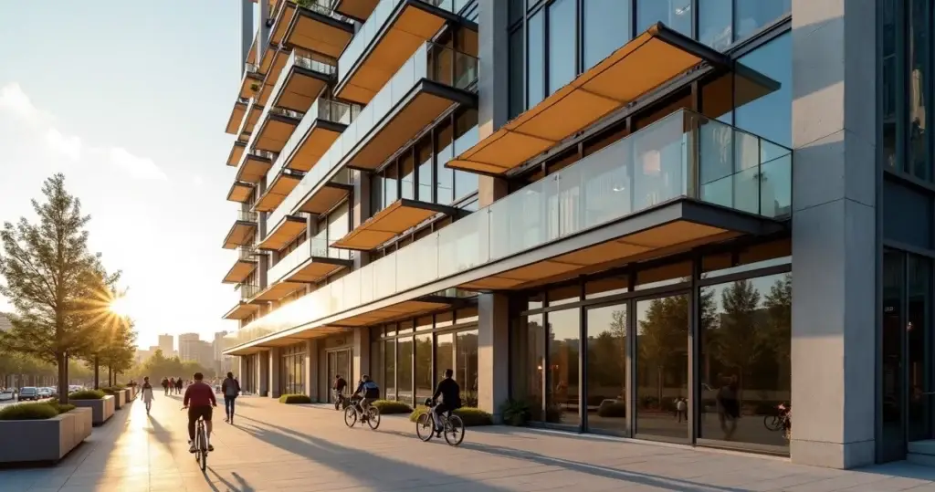 Toldo horizontal metálico em fachada de edifício moderno com vidros e linhas retas